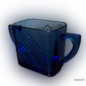 VTG Hazel Atlas Chevron Pattern Cobalt Blue Glass Sugar Bowl with Dual Handles